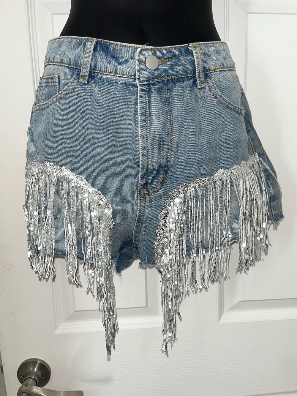 Denim Fringe Sequin Short - Silver Detail